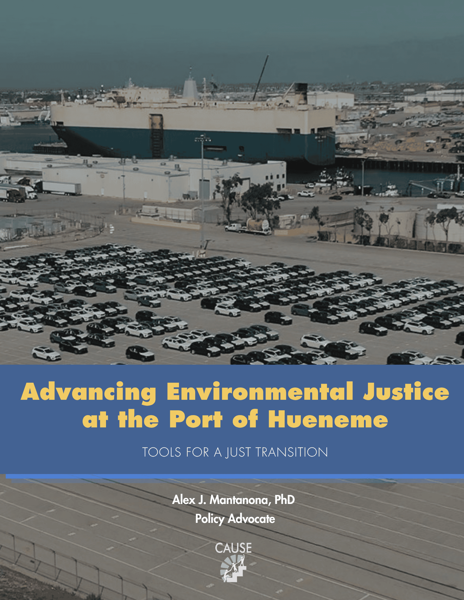 Large cargo ship docked at the Port of Hueneme with parking lot in foreground.
