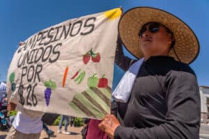 Protester holding a sign supporting farmworkers' rights and fair wages.